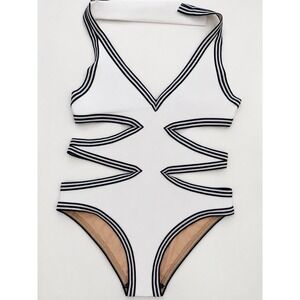 Karla Colletto Tie Halter Cutout Monokini One Piece Swimsuit Nautical NWT 12